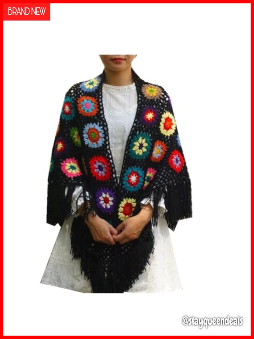 Hand Crocheted Granny Square Shawl Boho Wrap Women One Size Tassel Scarf